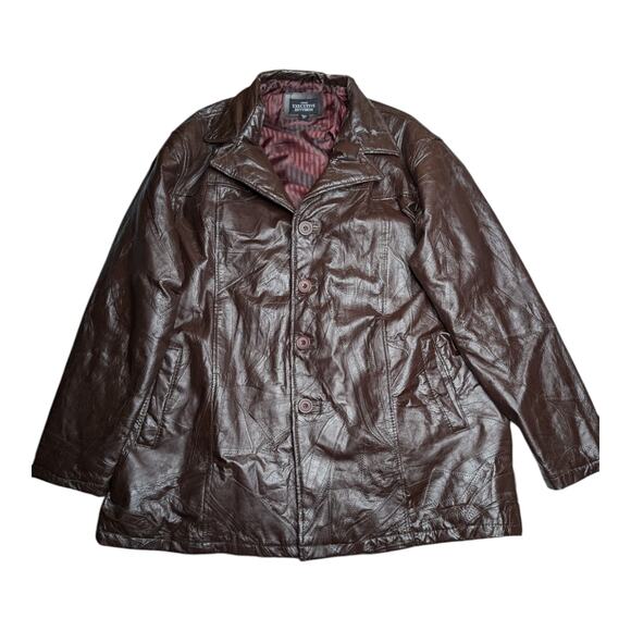 Vtg 1990s Haband Executive Division Brown Leather Patchwork Button Up Jacket XXL - Picture 1 of 6